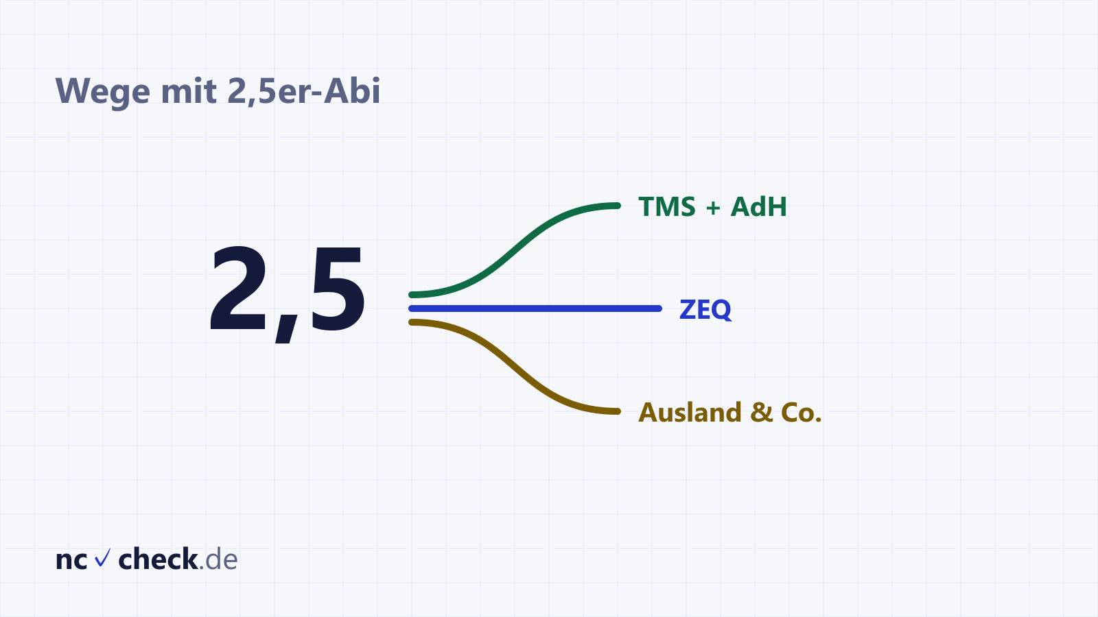 Grafik zeigt drei Wege ab einem Abischnitt von 2,5: TMS plus AdH, ZEQ und Ausland beziehungsweise weitere Optionen